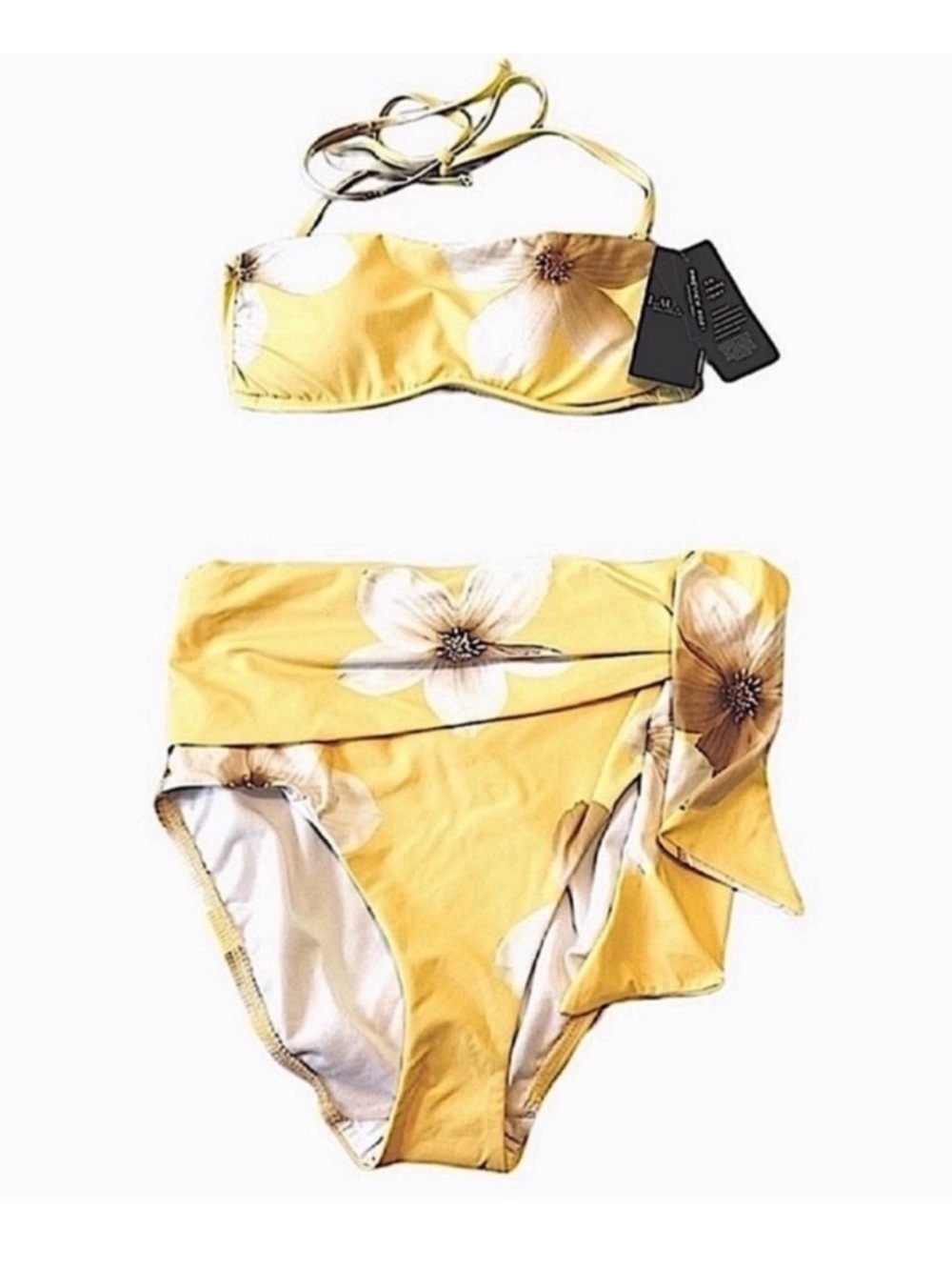 Ralph Lauren Two Piece Bikini Swimsuit Bandeau Sash Tie Yellow White Size 2